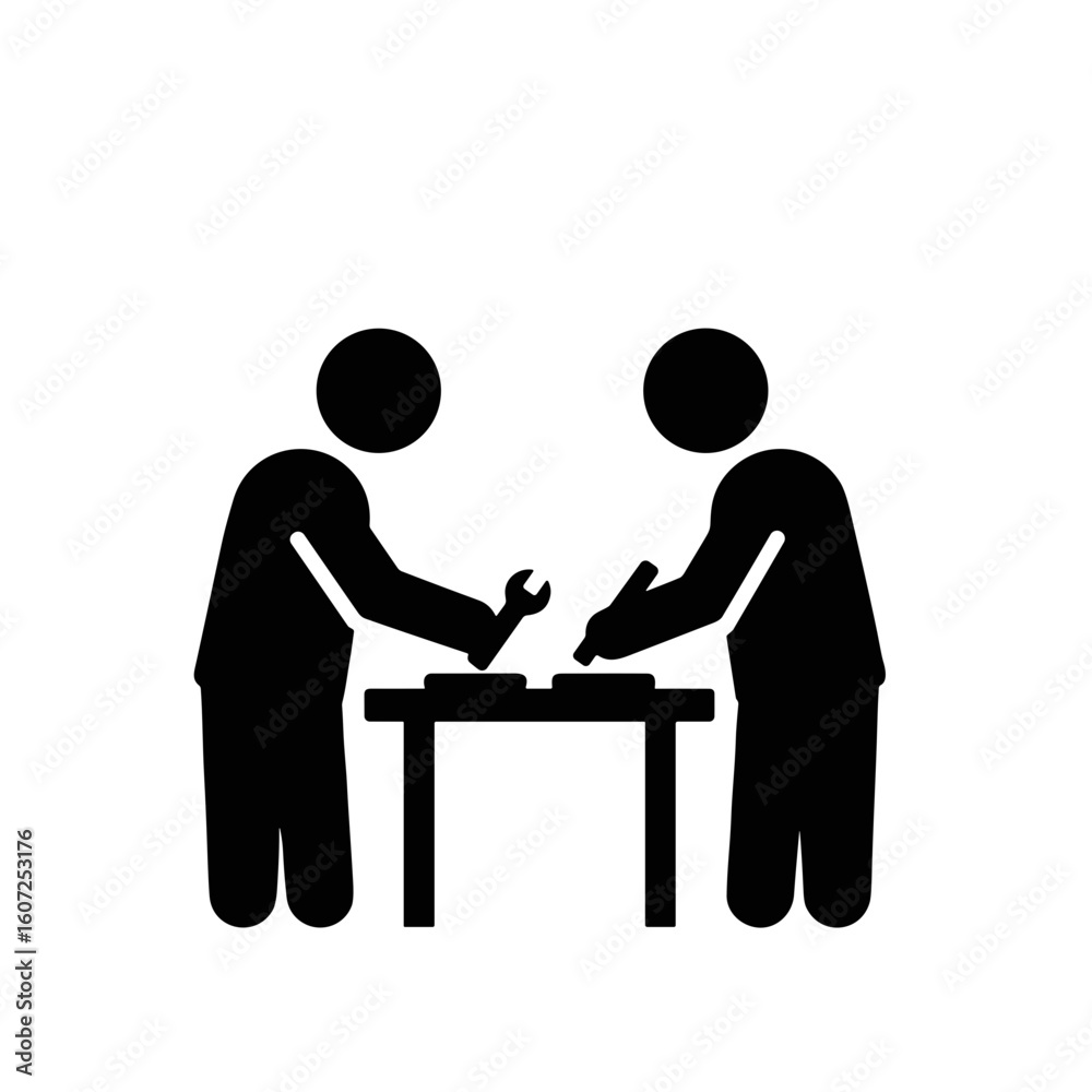 Fototapeta premium Two men collaborating on woodworking project at workshop table