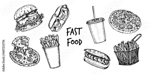 Hot dog, burger, cola, french fries, pizza in engraving style. Fast food outline sketch illustration collection. Hand drawn vector clipart, isolated on white background