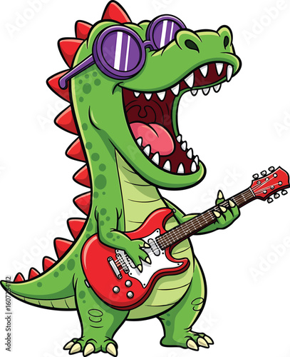 Cartoon alligator playing a red electric guitar wearing purple sunglasses and expressing joy