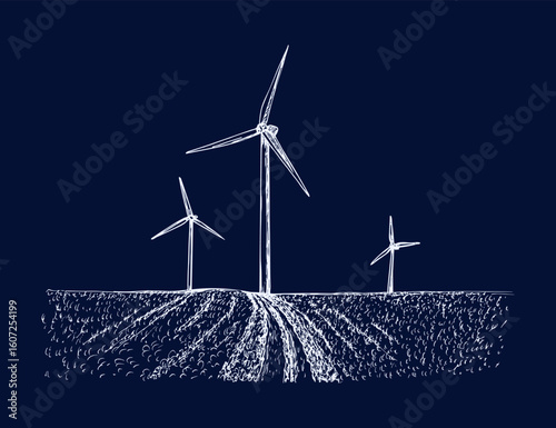 Windmill farm electricity generation - outline illustration. Wind farm placed in a field landscape. Ecology, clean energy, green technology concept. Hand drawn vector sketch drawing, isolated