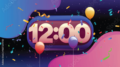 An illustration of a shiny background with a large clock and confetti.