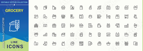 Grocery linear icon set. Minimalist editable vector stroke. Editable vector stroke. Goods icon set. Contains outline symbols like product, carton, package and more.