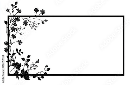 Black and white floral frame.  Rectangular empty space bordered by stylized flowers and foliage