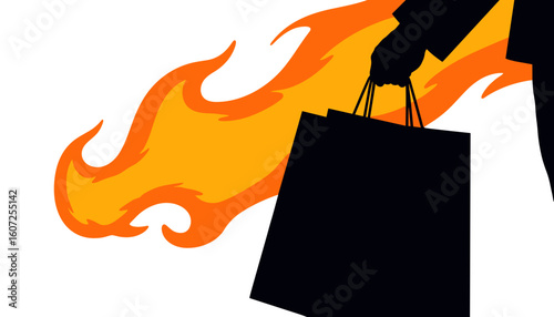 A hand clutching a shopping bag, with flames behind it, symbolizing urgency and impulsiveness. Black Friday.