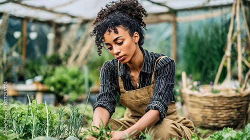 Young Black woman tending to her urban garden, surrounded by greenery and plants.