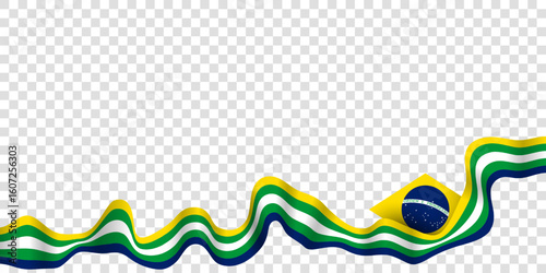 Brazilian independence day. Waving layered green yellow blue ribbon with brazilian emblem