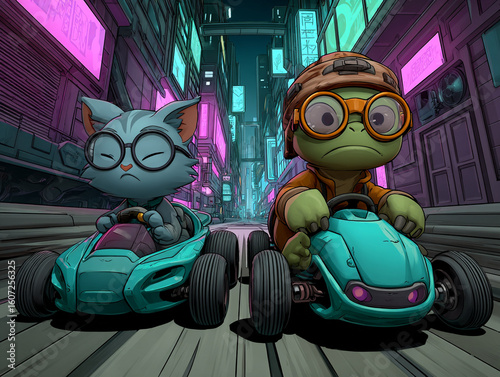 A street cat racing a turtle in go-karts through a neon-lit urban jungle at night. 