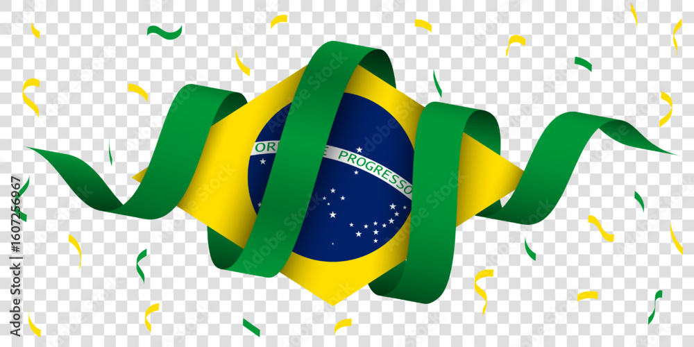 Brazilian independence day. Waving and flying ribbon on brazilian emblem with transparent background
