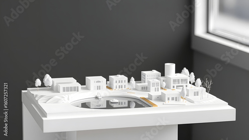 Detailed white architectural model of a modern lakeside community for urban planning.