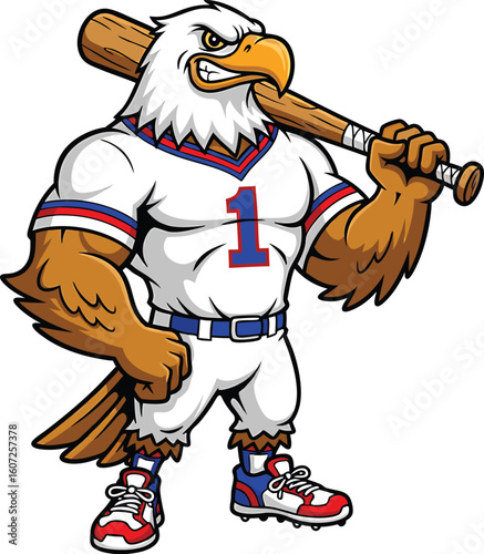 Cartoon eagle mascot in a baseball uniform holding a bat ready for american sport action