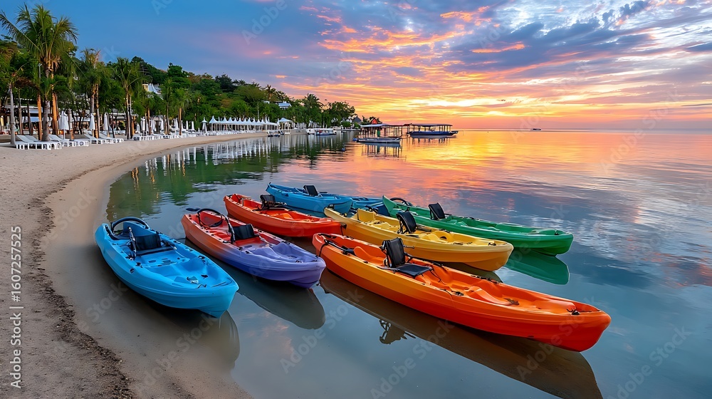 Fototapeta premium Colorful Kayaks on Tranquil Beach at Sunset with Vibrant Sky Reflections in Calm Water