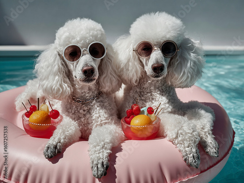 Two poodles sunbathing on inflatable flamingos in a pool, each holding mocktails with fruit skewers, absurd symmetry, horizontal 