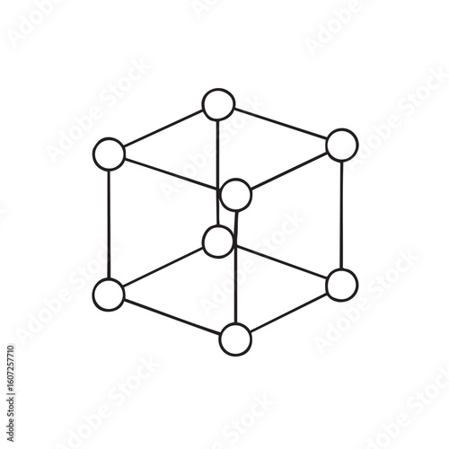 Simple Cubic Crystal Structure Diagram with Atoms at Corners and Center Black and White Illustration