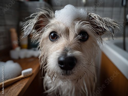 Dog with toothpaste foam on face after brushing, silly eyes, mirror view in bathroom, horizontal