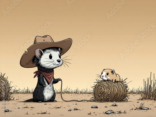 Ferret in cowboy hat in Old West duel at high noon with a guinea pig opponent, tumbleweed rolling by, horizontal