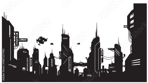 Futuristic cityscape silhouette with flying vehicles, black and white illustration of a sci-fi city
