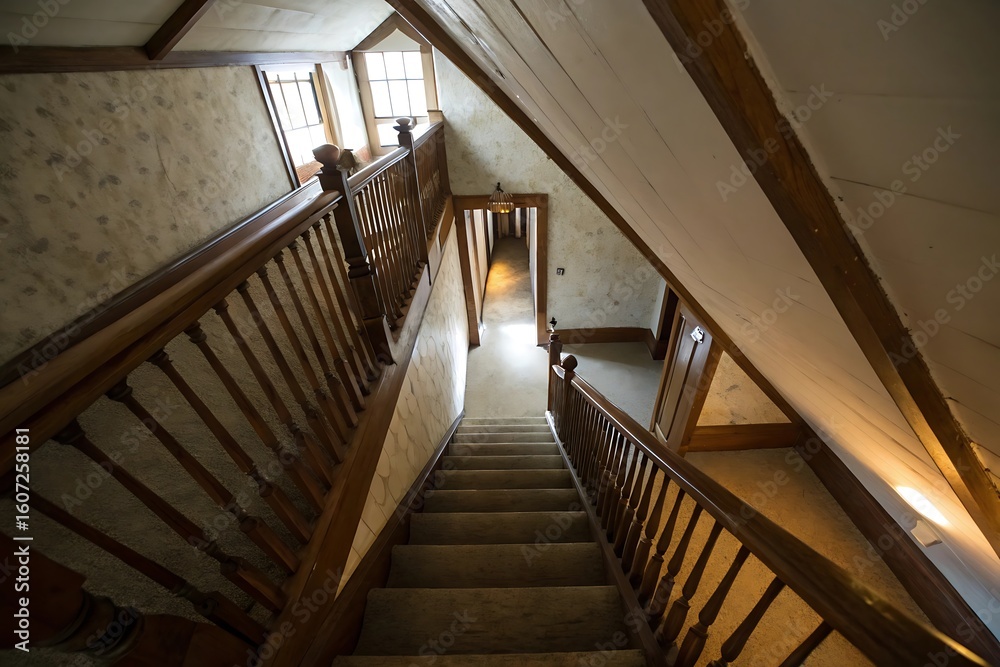 Fototapeta premium Steep, Narrow Attic Staircase with Wooden Railings and Vintage Wallpaper in an Old House