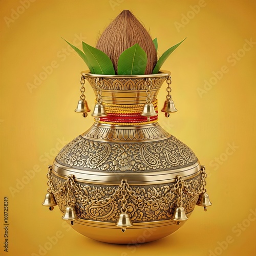  Traditional Brass Kalash with Coconut and Mango Leaves