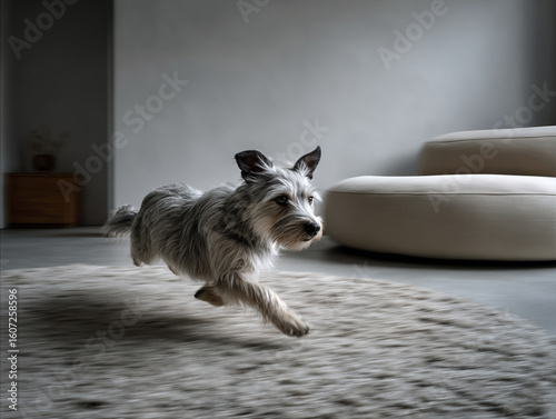Dog chasing its own tail in circles, motion blur, minimalistic modern living room, horizontal