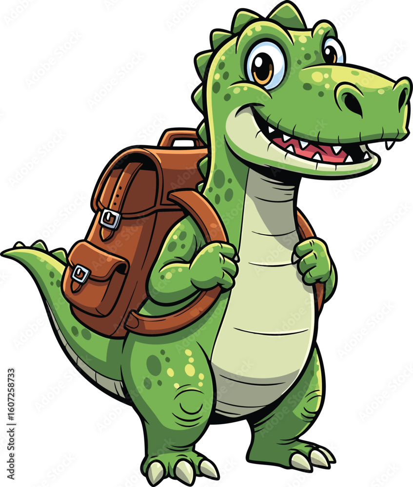Fototapeta premium Cheerful cartoon dinosaur with a brown backpack ready for adventures or learning