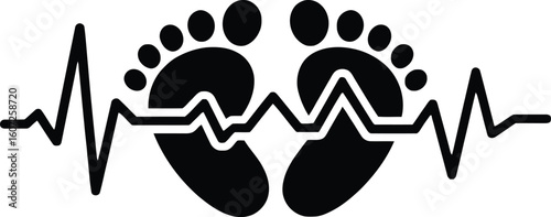 Baby Heartbeat: Black and White Minimalist Vector Graphic Illustration of Two Baby Footprints with Heart Rate Line.