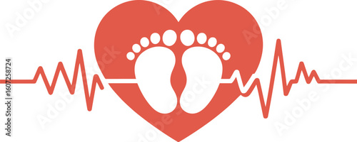 Baby Heartbeat:  Red Heart with Footprint Icon, Minimalist Style, Hopeful Mood