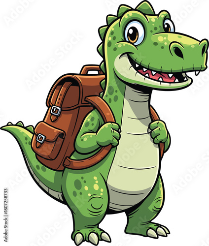 Cheerful cartoon dinosaur with a brown backpack ready for adventures or learning