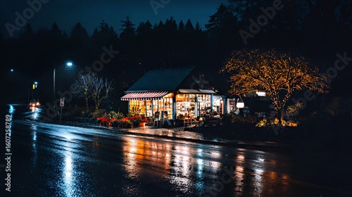 Charming small shop illuminated at night during rain, creating a cozy atmosphere.