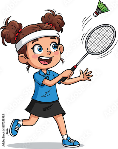 Cheerful cartoon girl playing badminton with a racket and shuttlecock isolated on white