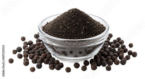 Black Pepper Powder and Seeds in Glass Bowl on Transparent Background
