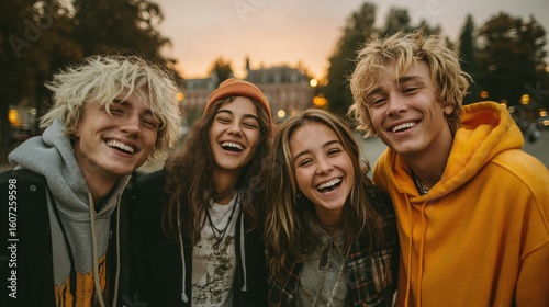 Joyful Young Friends Smiling Together Outdoors at Sunset Glow