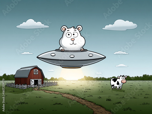 Hamster piloting a UFO above a farm, cow being lifted by beam, hamster smugly sipping space juice, horizontal