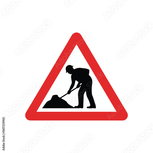 Construction site warning road sign illustrating a worker with shovel inside a red triangle