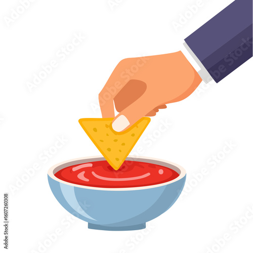 A hand dips a chip into a bowl of salsa, a delightful snack
