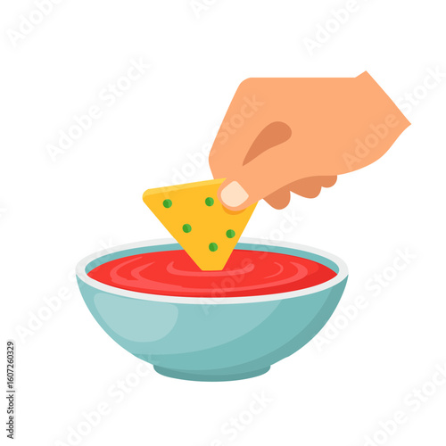 Hand dipping a triangular tortilla chip into a vibrant bowl of salsa. The chip has a hint of green, creating a delightful contrast with the red salsa