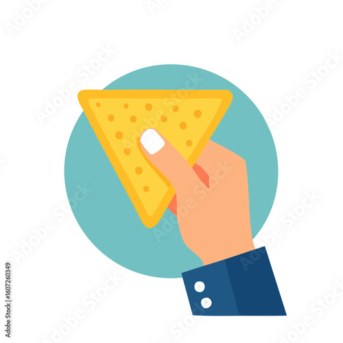 A hand holding a triangle shape of a tortilla chip