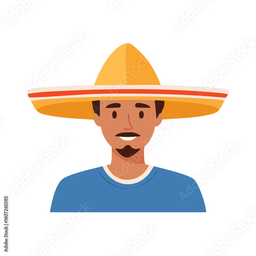 A portrait of a person wearing a sombrero with a smiling face.