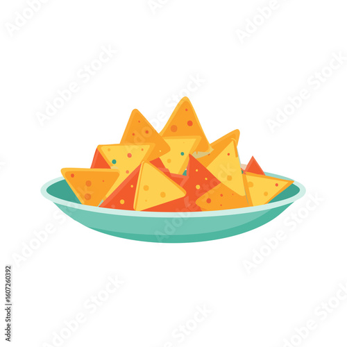 A plate of delicious, golden-brown tortilla chips. The chips are arranged neatly on a turquoise plate, ready to be enjoyed