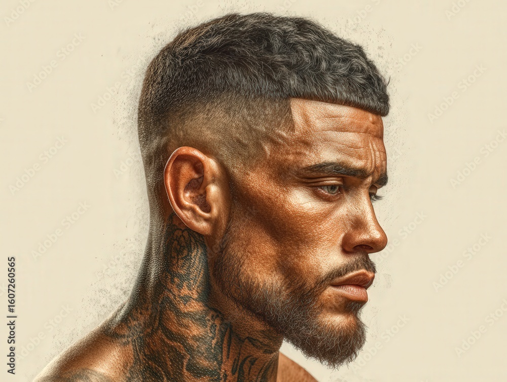 Obraz premium Close-up portrait of the neck and head, side view. A stylish man with an edgy low fade haircut, featuring an intricate side part and thick hair details. 
