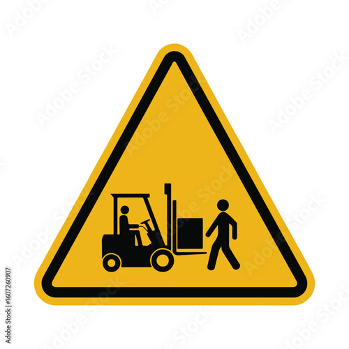 Warning sign illustrating the risk of injury from forklift operation in a workplace environment