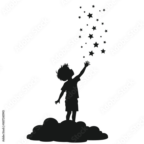 Boy reaching for stars from clouds silhouette