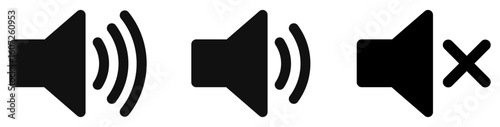 set of speaker volume icons showing sound levels from high to mute. Includes speaker with sound waves and mute symbol. Isolated on white background, ideal for UI,UX.