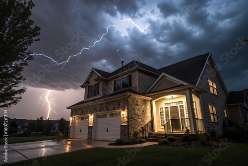 Dramatic Lightning Storm Over a Suburban Home at Night