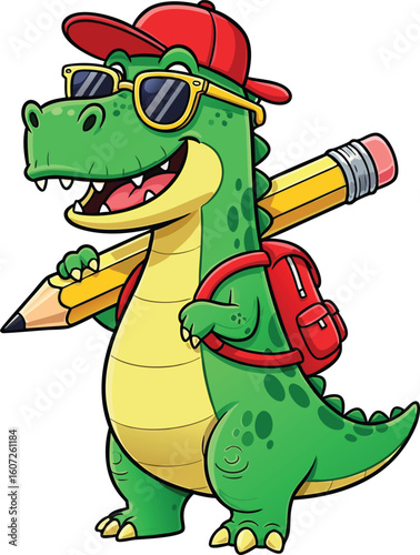 Friendly cartoon dinosaur character wearing sunglasses and cap with pencil backpack for school