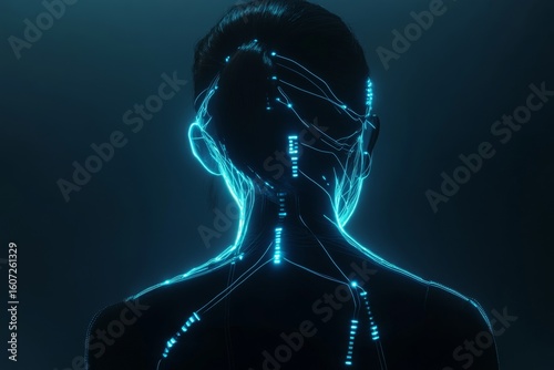 A digital human figure with glowing neural connections on the head, symbolizing artificial intelligence and machine learning technology in a dark background