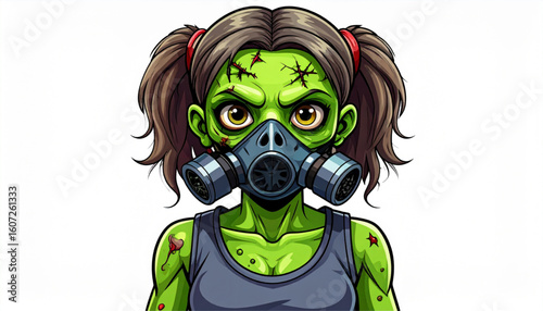 A green-skinned zombie girl with pigtails wearing a gas mask, staring intensely.