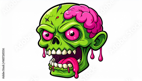 Cartoon zombie head with exposed brain, dripping pink substance, and an angry expression.