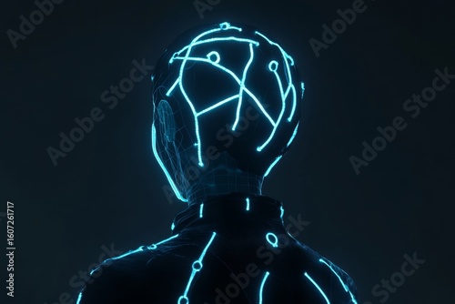 A digital human figure with glowing neural connections on the head, symbolizing artificial intelligence and machine learning technology in a dark background