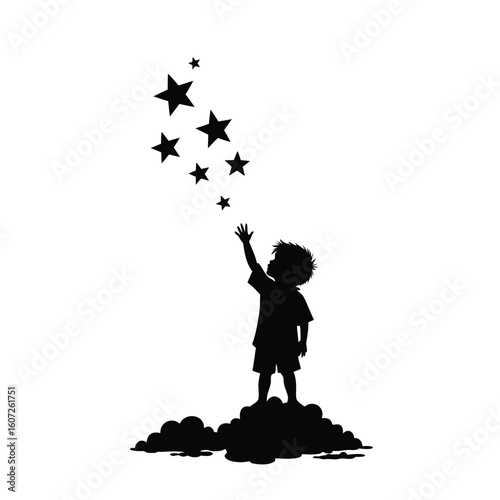 Boy reaching for stars silhouette vector