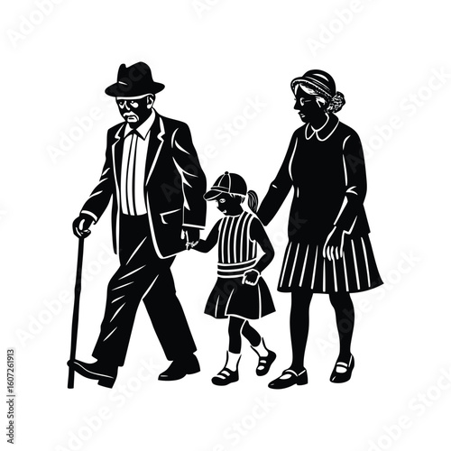 grandparents walking with granddaughter vector silhouette